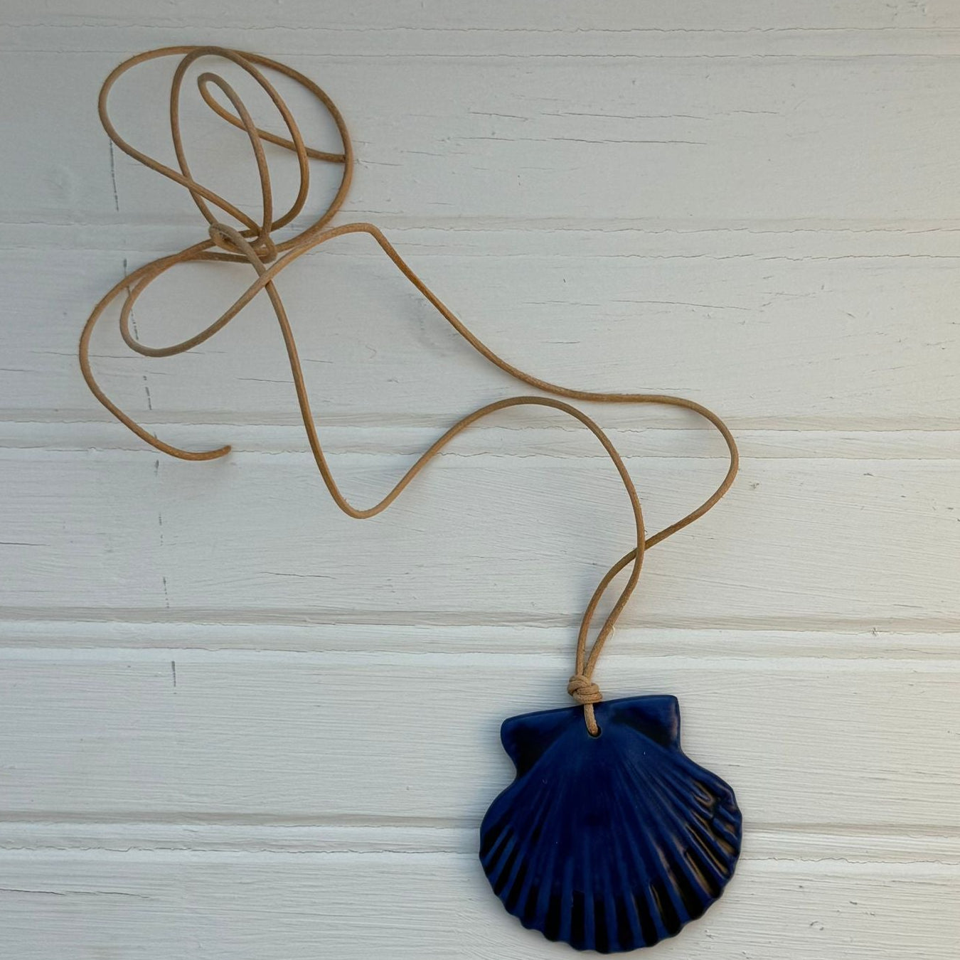 Navy Blue Glazed Shell Leather Cord Necklace