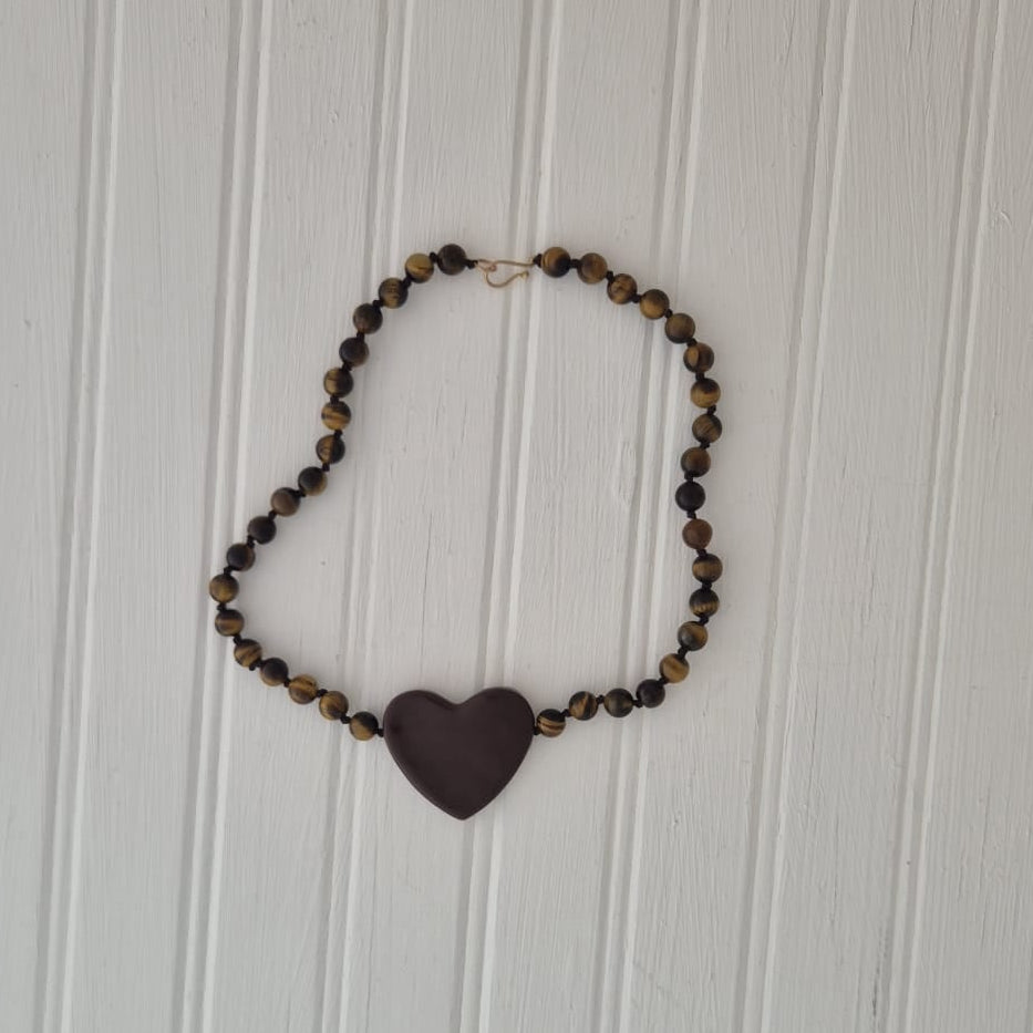 Tigers-eye and chocolate heart Necklace, 18 inches