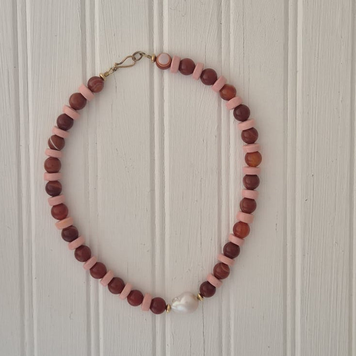 Carnelian, Porcelain and Baroque Pearl Necklace