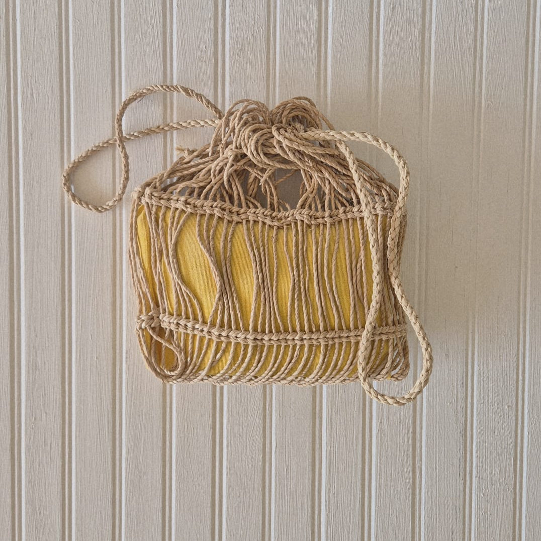 Rattan and Yellow Velvet Bag/ Clutch